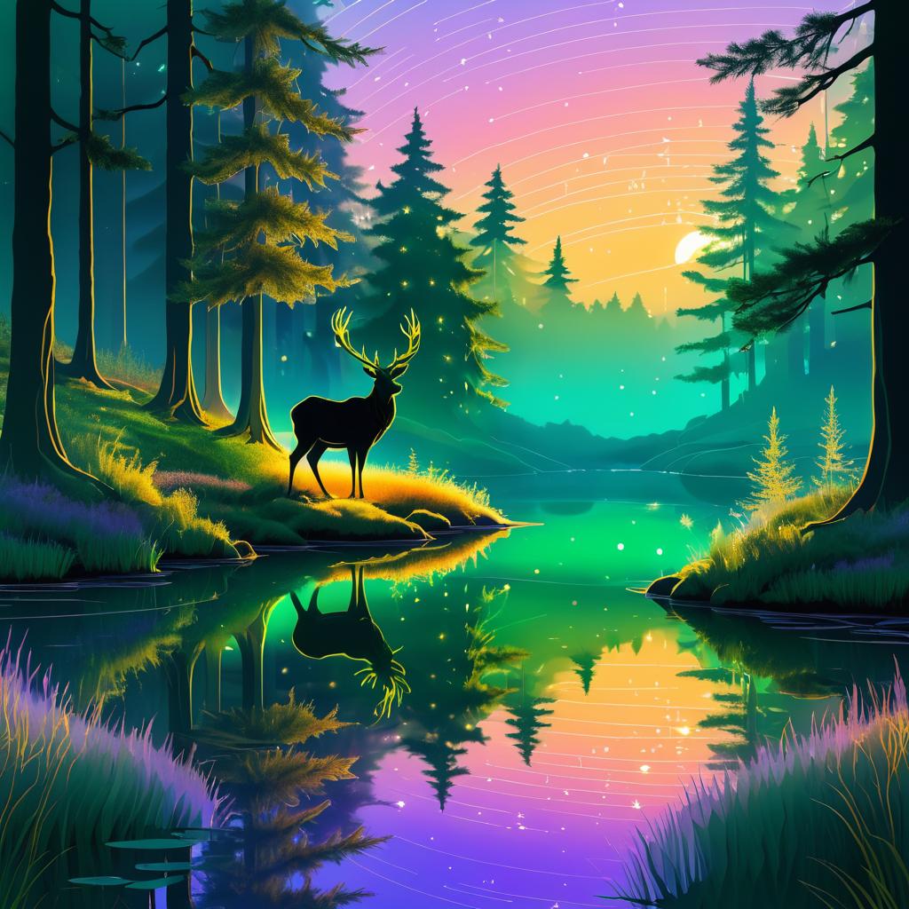 Majestic Stag in Enchanted Sunset Forest