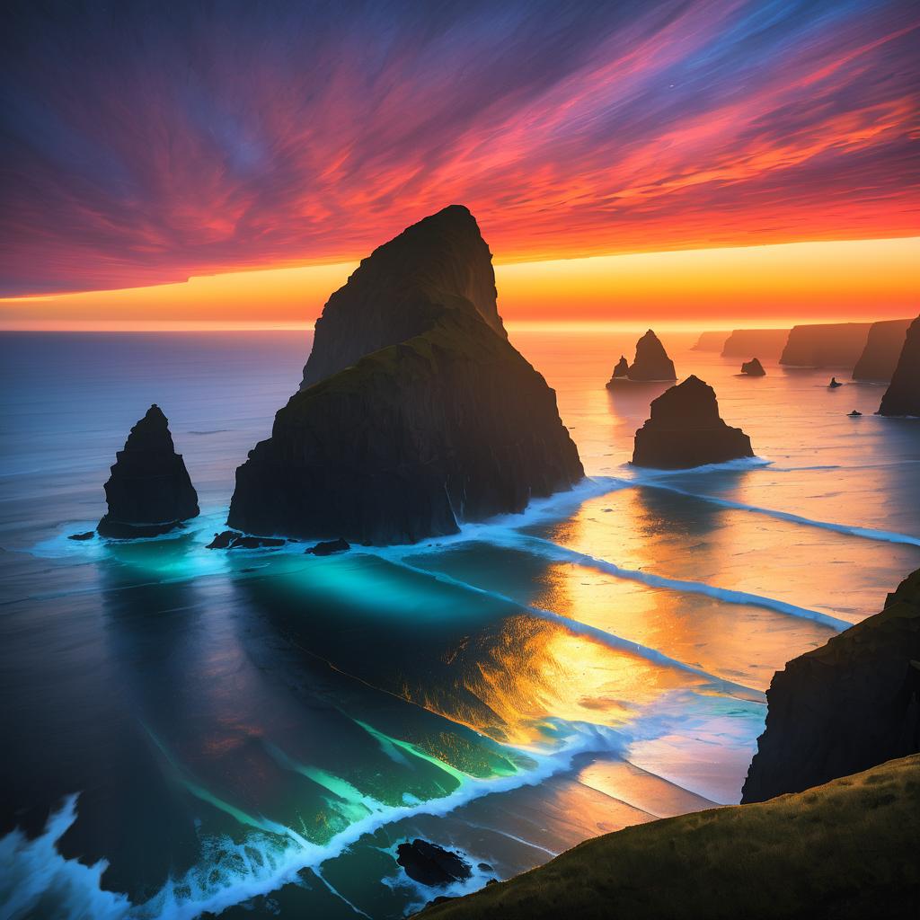 Vibrant Dawn Over Misty Sea Stacks