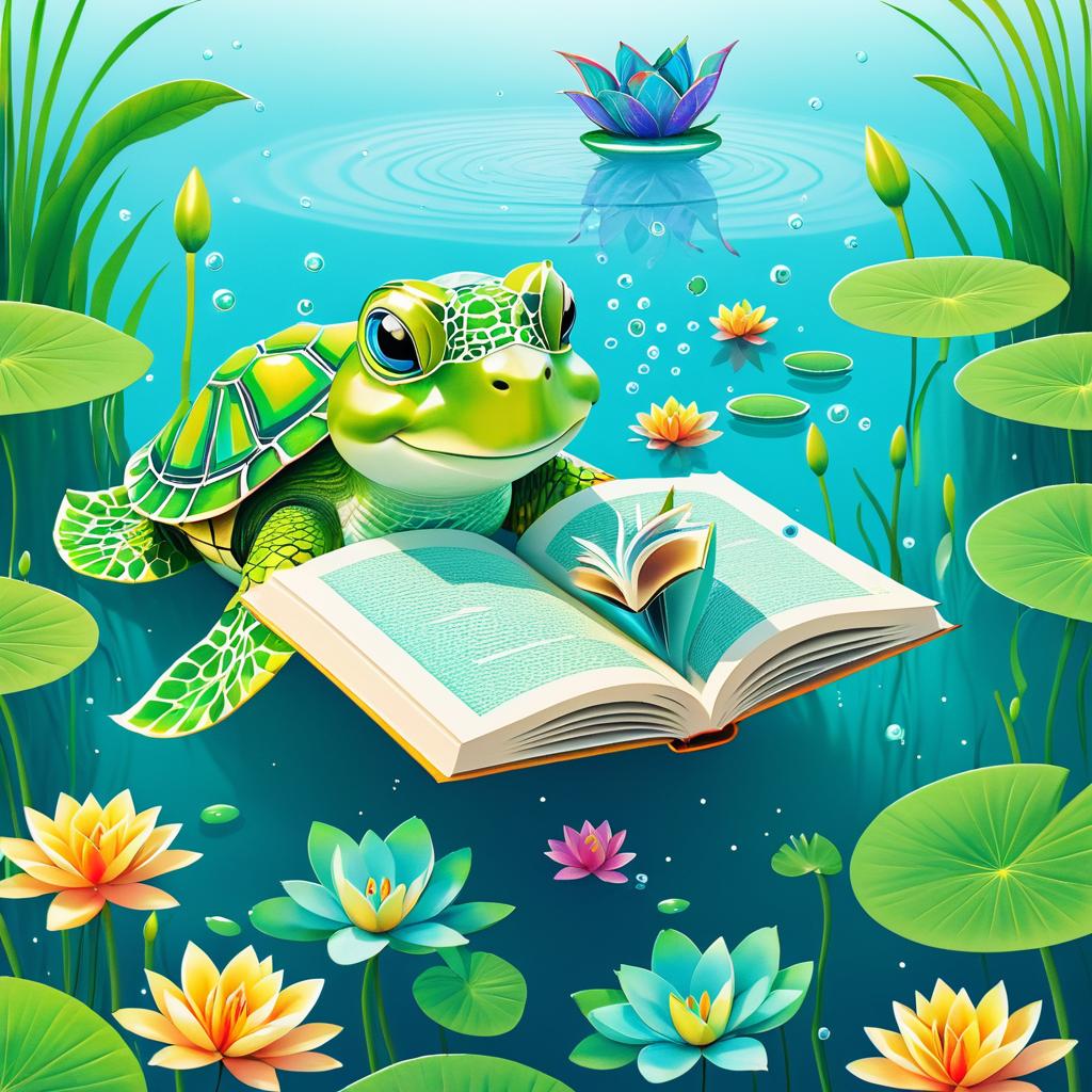 Whimsical Turtle Reading in a Pond