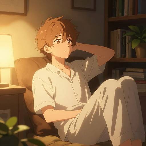 Anime-style digital illustration of a young man with tousled brown hair, wearing white pajamas, sitting in a dimly lit room, illuminated by a