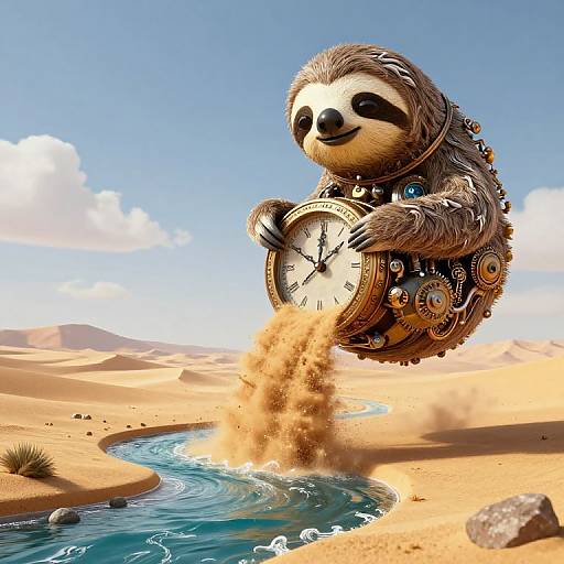 Digital art: Cute, anthropomorphic sloth with clock body, floating above desert oasis, splashing water with clock hands, clear blue sky.