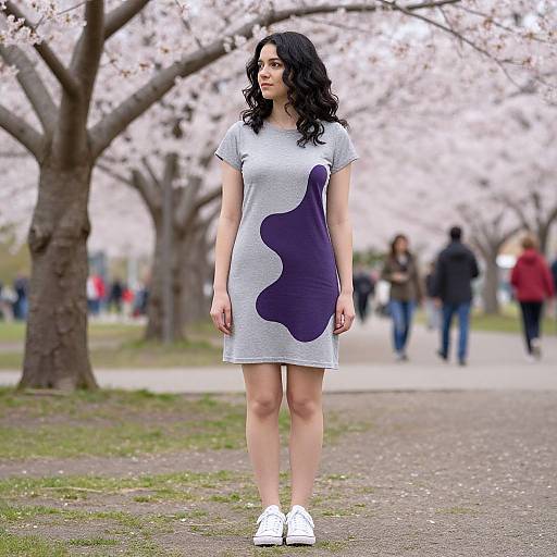 Photograph of a young woman with long black hair, wearing a gray dress with a purple abstract design, white sneakers, standing on a cherry blossom-lined