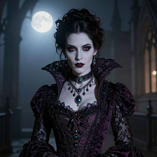 Gothic vampire woman with pale skin, dark curly hair, red eyes, black lace dress, high collar, and ornate jewelry, illuminated by