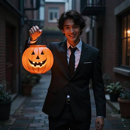 Photograph of a smiling young man with curly hair in a black suit holding a glowing orange Jack-o'-lantern lantern in a dimly lit,