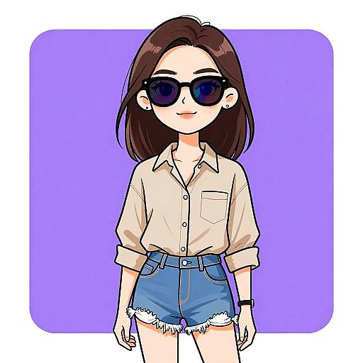 Digital anime-style drawing of a young woman with brown hair, black sunglasses, beige shirt, and blue high-waisted denim shorts, against a purple