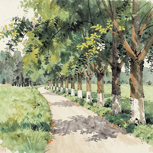 Ink and Brush Sycamore Tree Landscape