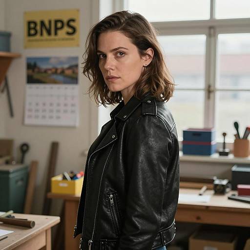 Serious Woman in Cluttered Workshop