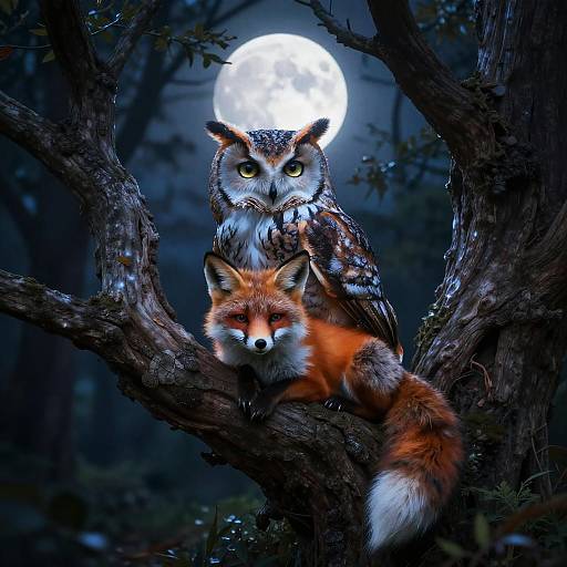 Photorealistic digital art of a wise owl with striking yellow eyes and a red fox with a white-tipped tail, perched on a dark tree