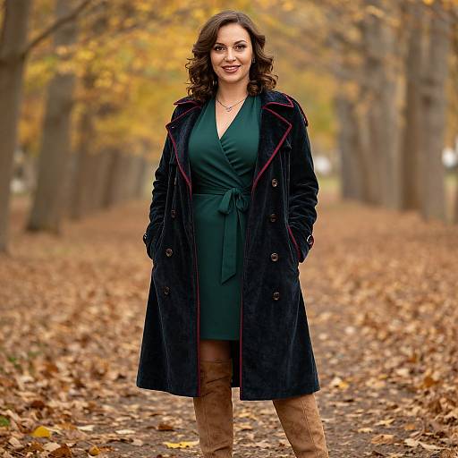 Photograph of a smiling woman with curly brown hair, wearing a dark green dress, black coat with red lining, and brown boots, standing on a