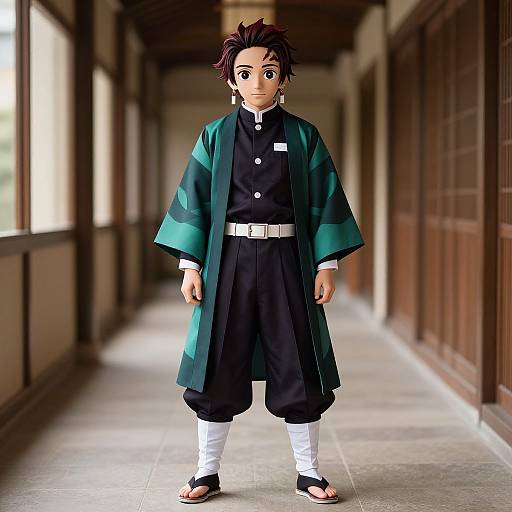 Digital anime-style drawing of a young boy with spiky dark hair, wearing a green kimono over black hakama and sandals, standing in a dim