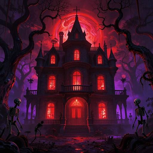 Digital artwork of a spooky, gothic mansion with red glowing windows, surrounded by dark, twisted trees, and two skeletal figures in front. A large