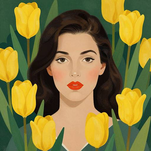Digital painting of a fair-skinned woman with red lips, dark brown hair, and yellow tulips in a dark green background.