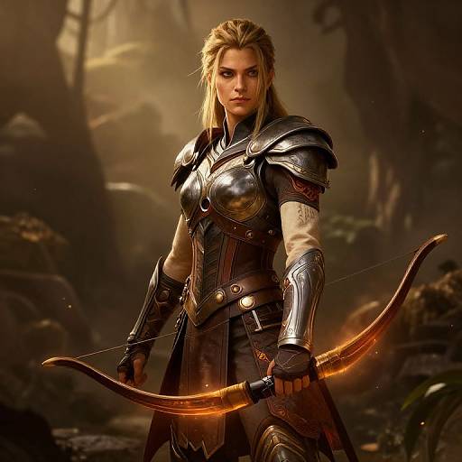 Digital artwork of a fierce blonde woman in medieval-style armor holding a glowing orange bow in a dim, forested background.