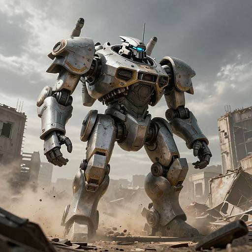 Photorealistic CGI of a towering, metallic, robot warrior with blue optics, standing amidst a ruined, dusty cityscape under a cloudy sky.