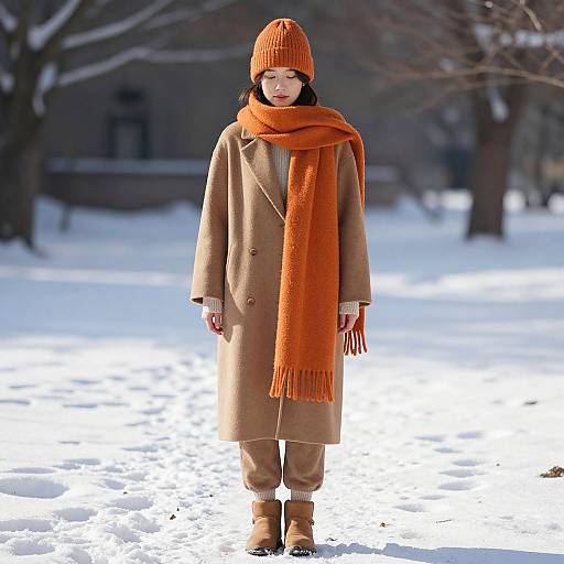 Photograph of an Asian woman in winter, wearing a brown coat, orange knit hat, matching scarf, and boots, standing in snowy landscape.