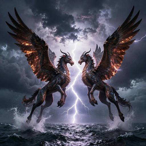 Digital artwork of two fierce, black-winged dragons with fiery edges, mid-leap over stormy ocean, illuminated by bright lightning bolt.