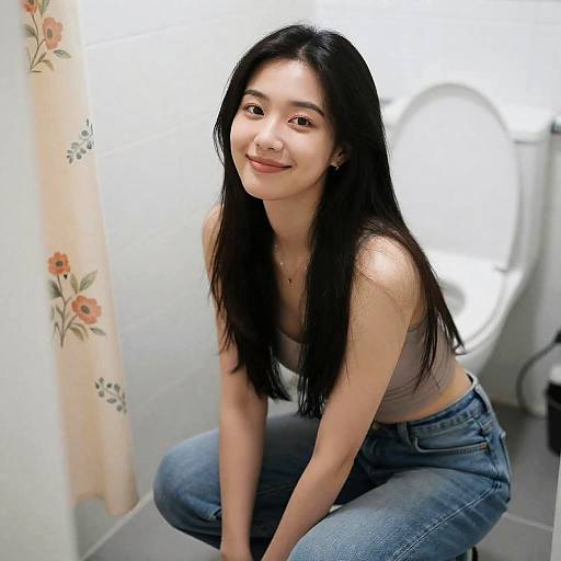 Candid Bathroom Portrait of Asian Woman
