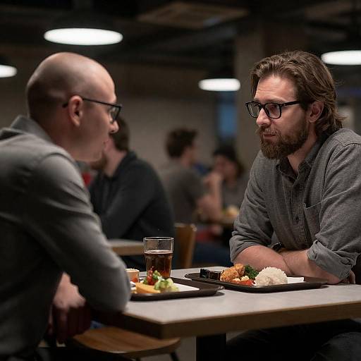 Two Men Talking in Industrial Cafeteria