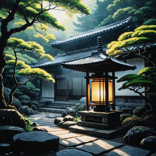 Misty Japanese Zen Garden with Stone Lantern