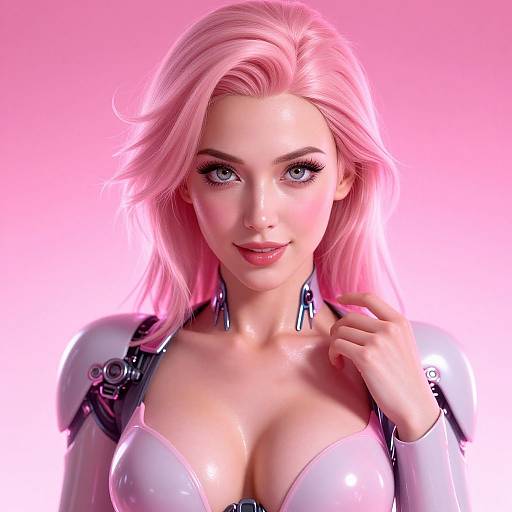 Digital CGI of a pink-haired woman with large breasts, wearing a shiny white latex outfit, against a pink gradient background. She has blue eyes, a