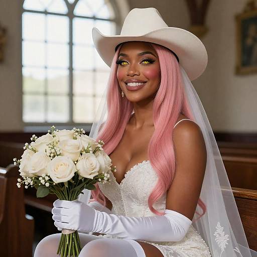 Bride in Wedding Dress with Cowboy Hat and Bouquet