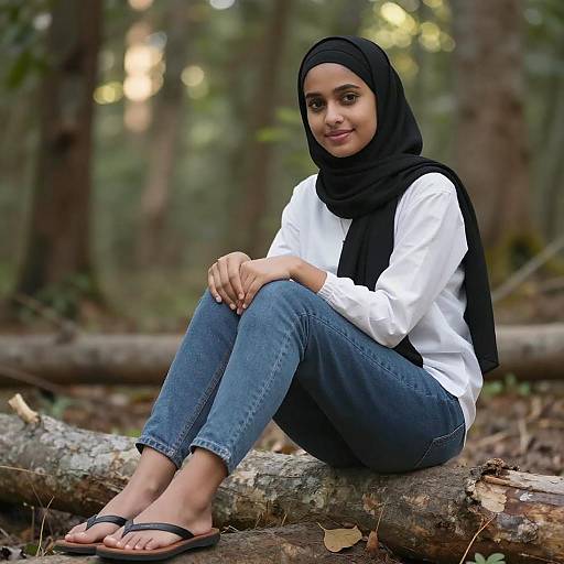 Photograph of a young woman with medium brown skin, wearing a black hijab, white long-sleeve shirt, blue jeans, and black flip