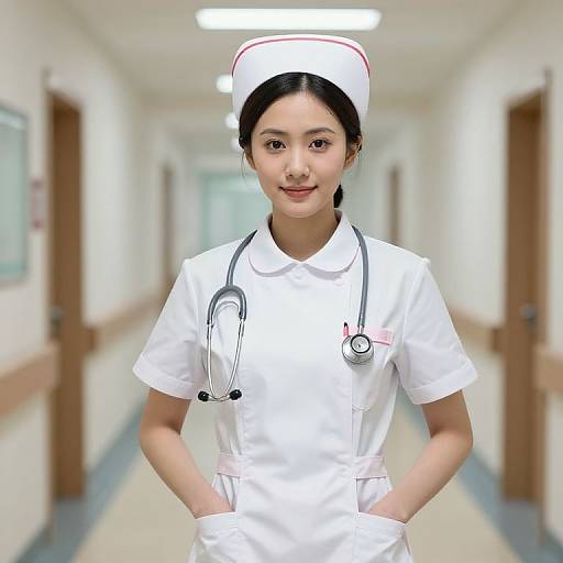 Photograph of an Asian female nurse with black hair in a white uniform, nurse cap, stethoscope, standing in a hospital hallway.
