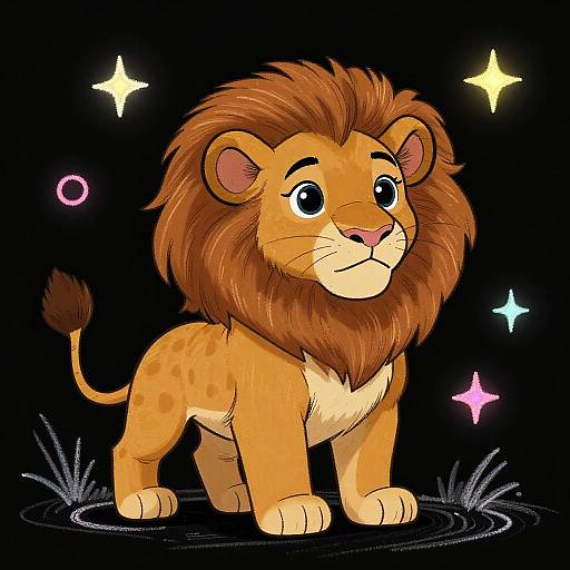 Cute, cartoon-style lion cub with a brown mane stands on a black background, surrounded by colorful stars and grass. Digital art.