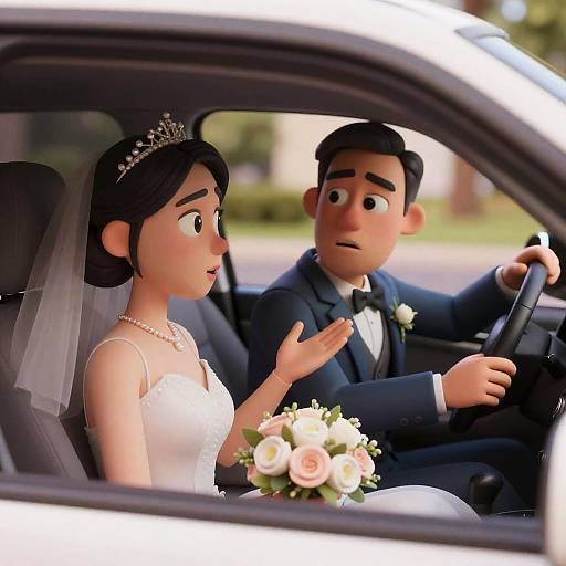 Cinematic 3D Newlyweds Arguing in Car