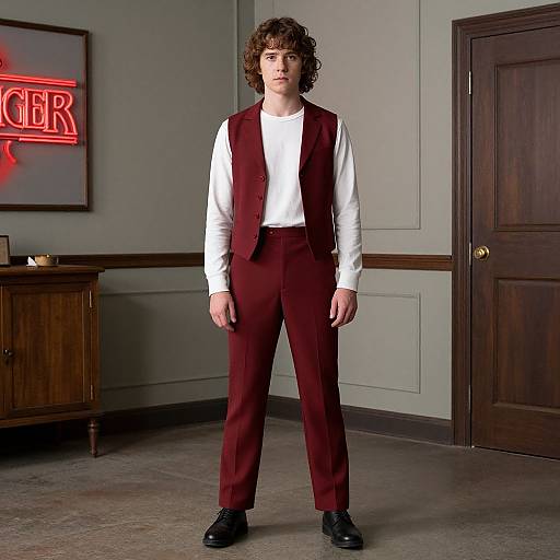 Photograph of a young man with curly brown hair, wearing a white shirt, red vest, and matching red pants, standing in a room with a