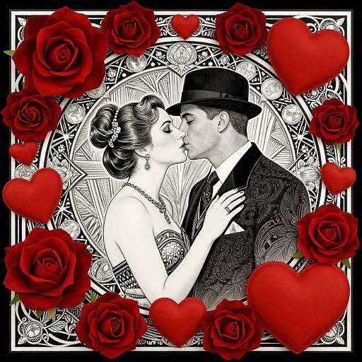 Black-and-white illustration of a kissing couple in vintage attire, surrounded by red roses and hearts, with intricate background patterns.