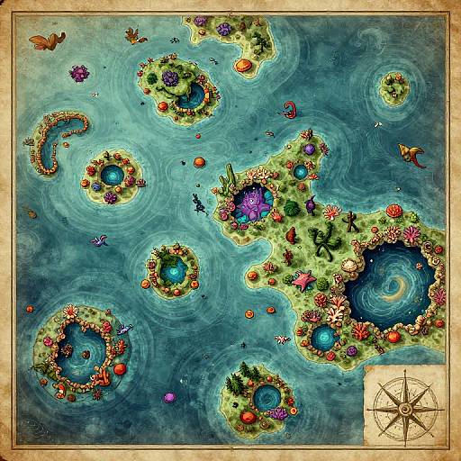 Vibrant fantasy map illustration: colorful islands with blue ponds, flowers, and creatures in swirling turquoise waters, compass in bottom right.