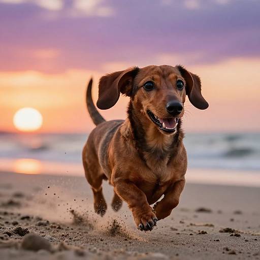 Photograph of a joyful brown dachshund running on a sandy beach at sunset, with a colorful sky and ocean waves in the background.