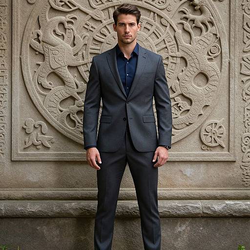 Photograph of a handsome, dark-haired man in a black suit and blue shirt, standing in front of an intricately carved stone wall with a circular