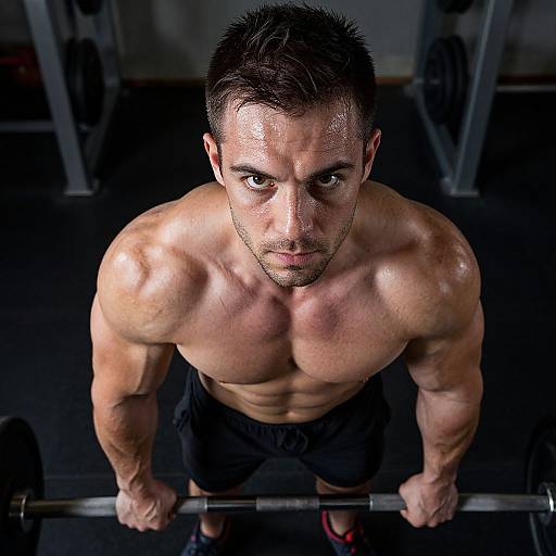 Photograph of a muscular, shirtless man with short dark hair, gazing upward intently while performing a bench press in a dimly lit gym