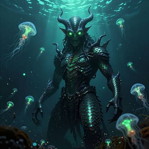 Digital artwork of a dark, glowing, horned demon with green eyes, surrounded by bioluminescent jellyfish in a deep, blue underwater scene