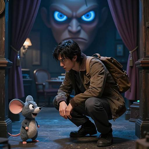Man Crouching Near Cartoon Mouse in Dim Room