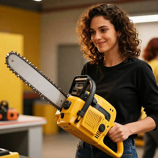Woman with Chainsaw in Warm Lighting