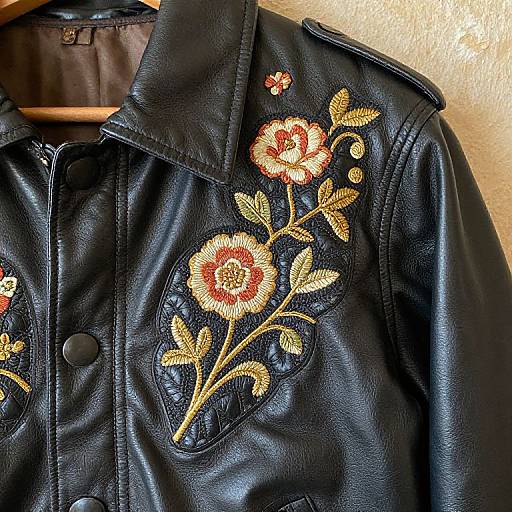 Photograph of a black leather jacket with detailed, colorful floral embroidery in yellow, red, and orange, hanging on a wooden hanger against a beige