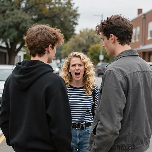 Angry Woman Confronting Two Men on Street