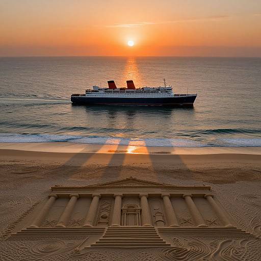 Photograph of a sunset over the ocean with a large ship sailing in the background, casting reflections on the water. Foreground features an ancient-style temple