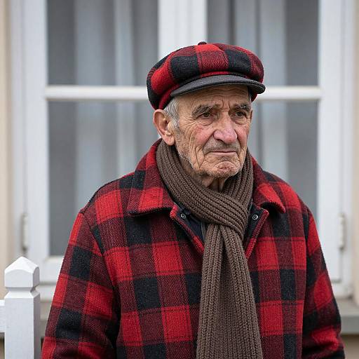 Elderly Man in Red Black Plaid Outfit