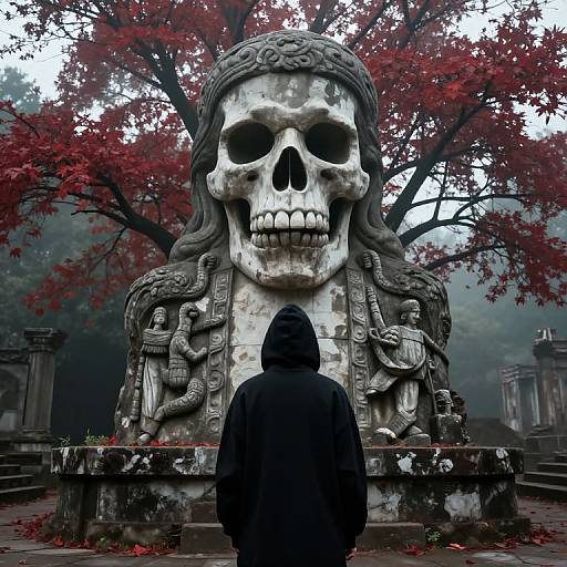 Hooded Figure by Skull Statue