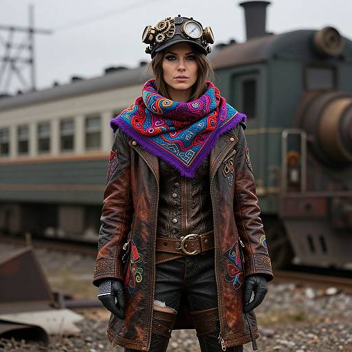 Steampunk-inspired woman in leather coat, goggles, colorful scarf, and brown pants stands in front of a vintage train. Photorealistic digital art