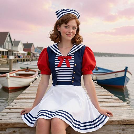 Photograph of a young woman in a vintage-style sailor dress with red sleeves, white skirt, and striped accents, sitting on a wooden dock at sunset
