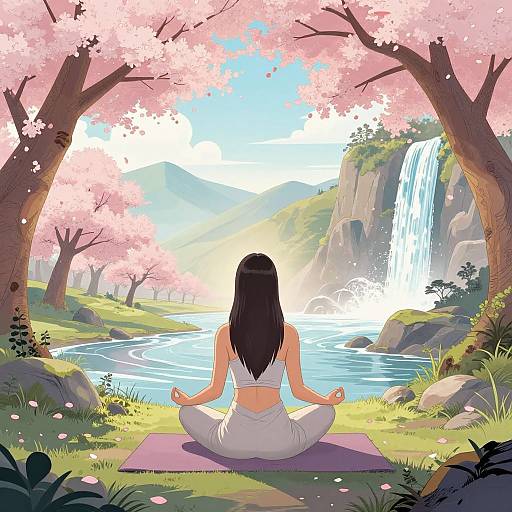 Digital art: Woman with long black hair, white yoga outfit, meditates on purple mat by serene lake, cherry blossoms, waterfall, mountains.