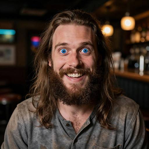 Bearded Man with Large Blue Eyes Smiling in Bar
