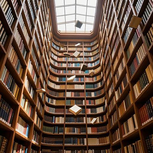 Photograph of a grand, sunlit library with towering, curved wooden bookshelves filled with colorful books, and several floating, paper-like ornaments.