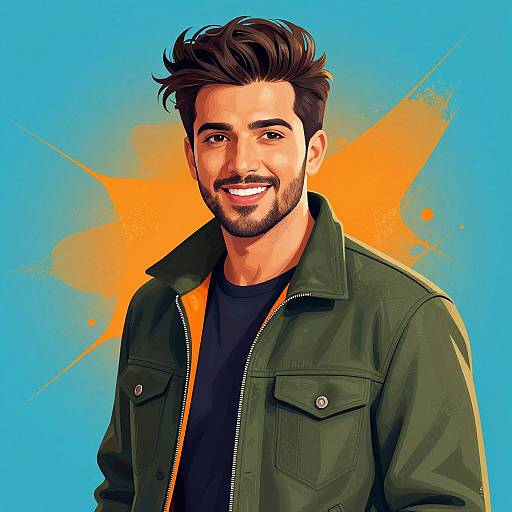Digital illustration of a smiling, bearded man with dark hair, wearing a green jacket over a black shirt, against a vibrant blue and orange background.