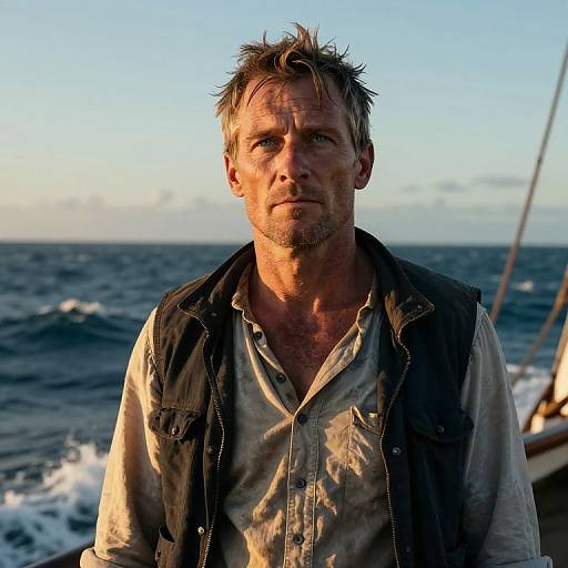 Photograph of a weathered, middle-aged man with messy blond hair, rugged beard, and sunken eyes, wearing a dirty white shirt and black